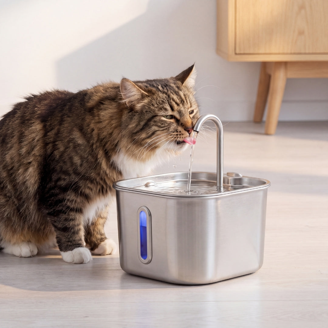 Katt dricker friskt vatten ur Doris vattenfontän