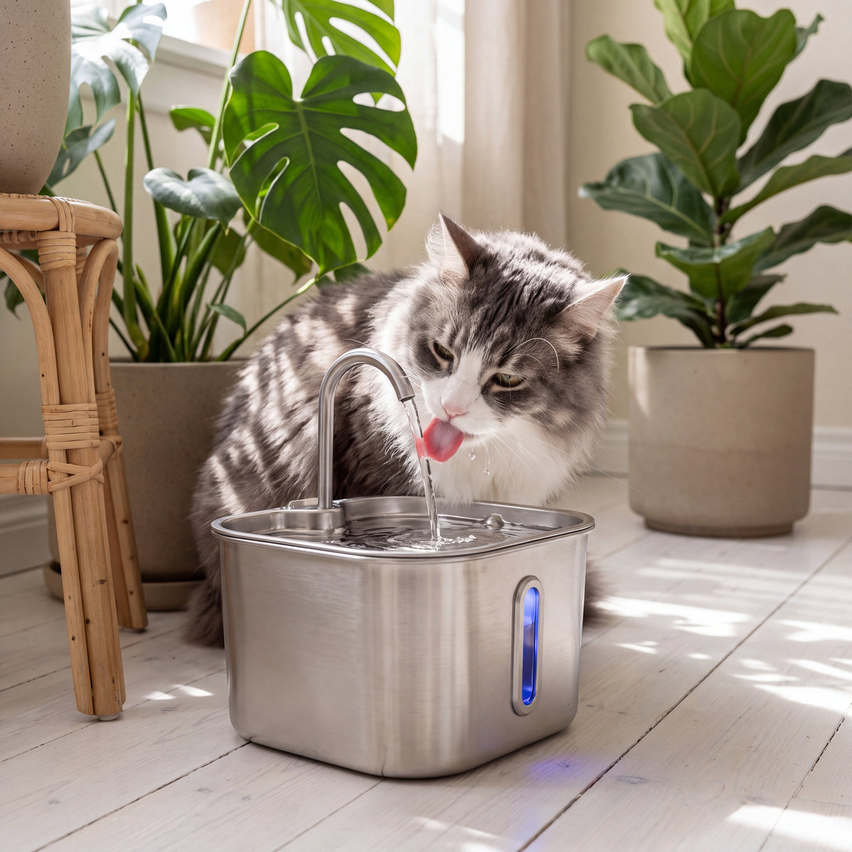 Katt som dricker ur Doris vattenfontän